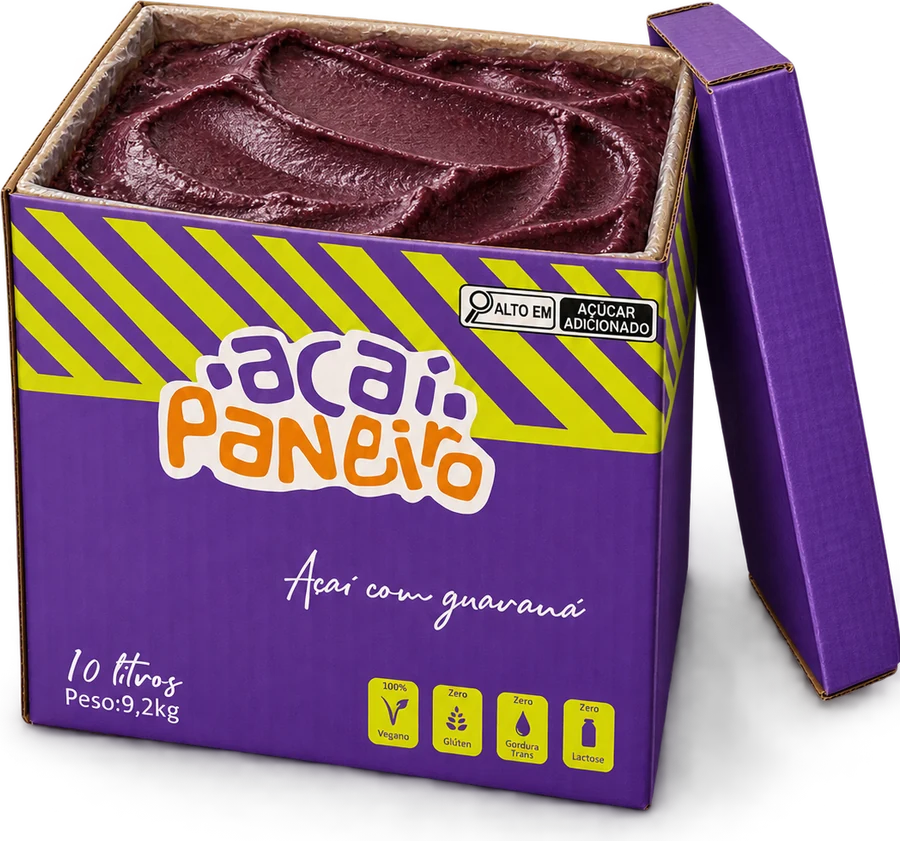 Caixa de 10 litros de açaí com guaraná, aberta